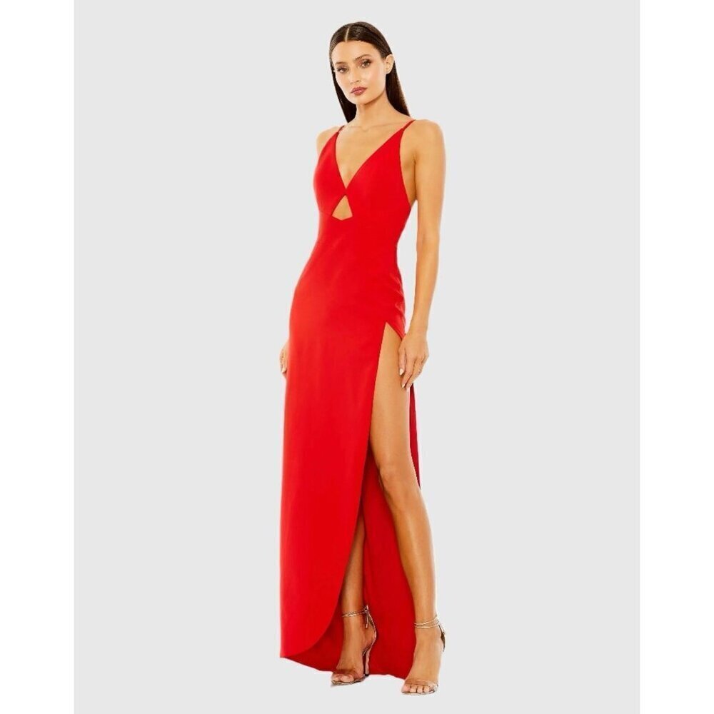 New Mac Duggal Size 0 Red 27434 spaghetti strap Cutout High Slit V-Neck Gown
